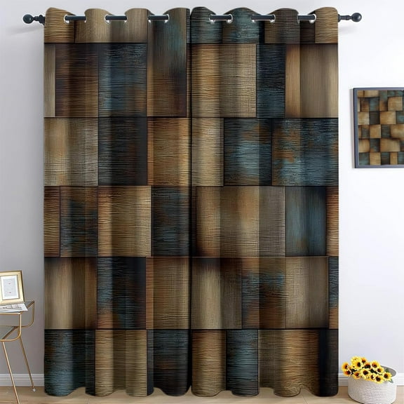 Brown and Blue Geometry Color Block Splicing Blackout Curtains for Bedroom 2 Panels Out Curtains for Living Room Grommet Thermal Insulated Room Darkening Window Drapes-52"W x 54"L (Pack of 2)