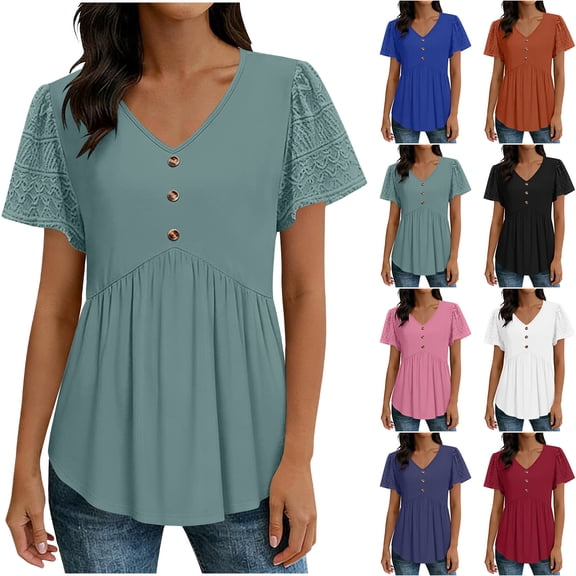 Feancey Summer Tunic Tops for Women Lace Short Sleeve Babydoll Shirts Dressy Casual V Neck T-Shirts Peplum Swing Cute Blouses Blue L