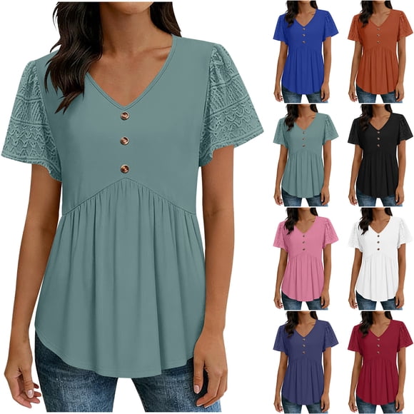 QIUOMBBP V Neck T Shirts for Women Short Sleeve Button Design Solid Flowy Shirt Loose Casual Summer Everyday Tops White S