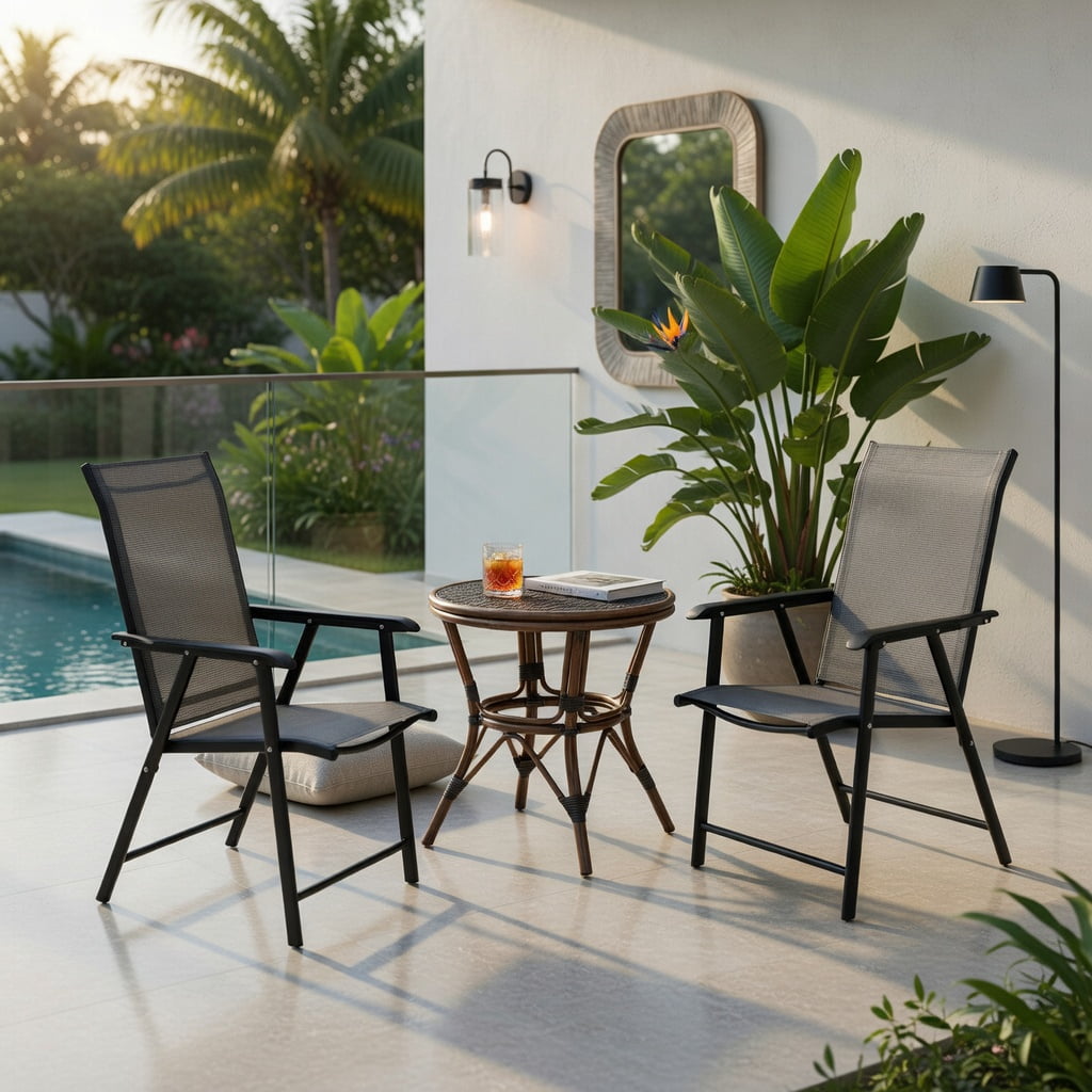 Hommoo 2-Pack Foldable Outdoor Patio Chairs, Steel Frame, Weather-Resistant Fabric, Lightweight & Space-Saving for Backyard, Deck, or Indoor Use, Gray