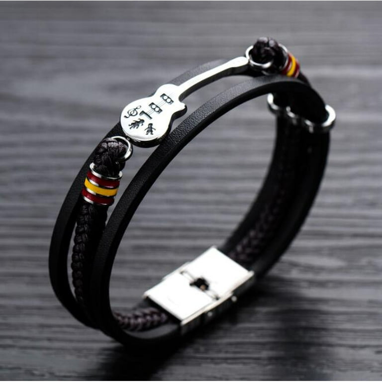 Double Layer Woven Leather Rope Bracelet for Men in 3 Lengths, Black, 8.3 in