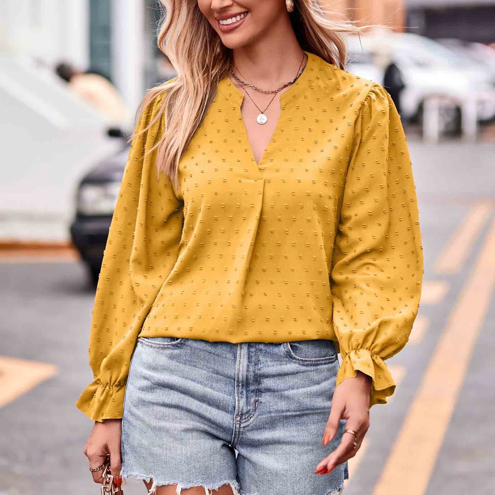 WREESH Womens Fashion Dressy Tops Loose Casual Solid Color Long Sleeve  V-Neck Blouses \u0026 Shirts Pullover Yellow - Walmart.com