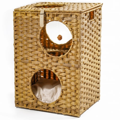 Rattan Cat Litter,Cat Bed with Rattan Ball and Cushion，Brown