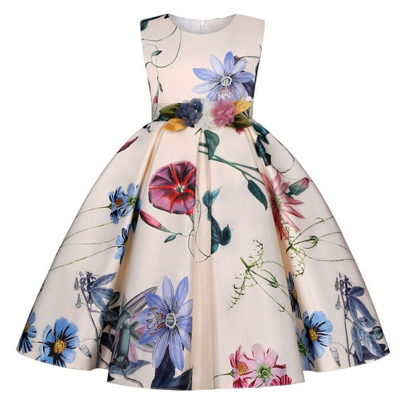 HomeGardon Girls Dress,Dresses for Girl Children's Summer Flower Print Sleeveless Round-Neck Dress Princess Dress Dress for Kids,100-150
