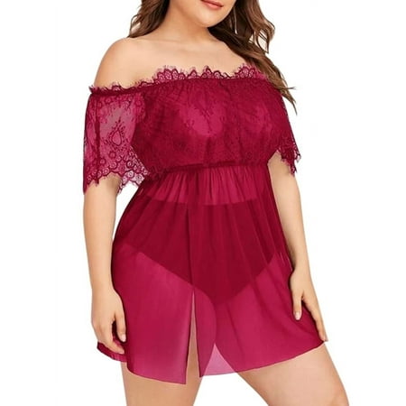 Hugossia Womens Babydoll Bralette Lace Lingerie Off Shoulder Nightdress Sleepwear Plus Size