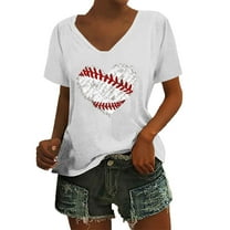 DondPO Womens Summer Tops Women's Baseball Festival Solid Color Baseball Printed V Neck Short Sleeved Top Cotton T Shirts Women Plus Size Tops for Women