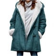 thumbnail image 3 of Brnmxoke Horn Button Womens Fleece Lined Coat Oversized Solid Color Hooded Jackets Faux Suede Pea Coat Winter Casual Outwear Long Coats with Pockets Green,XL, 3 of 8