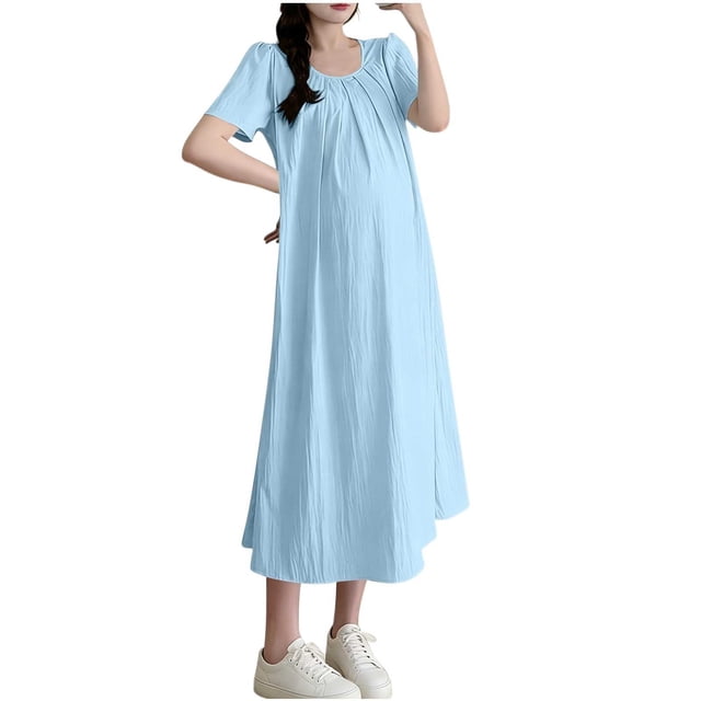 Wo-Fusoul Robe de Maternité pour Femmes, Robe de Grossesse Unie à Col Rond et Manches Courtes, Ample et Confortable, Tenue Décontractée pour Tous les Jours