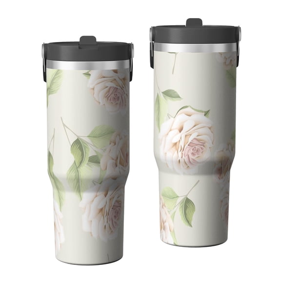 Floral 30oz Handheld Travel Tumbler with Handle – Double Wall Stainless Steel Insulated Cup, Flip Straw Lid, Leak-Proof & BPA-Free, Durable Hot & Cold Drink Mug,Thanksgiving, Xmas, Spring ,Flower