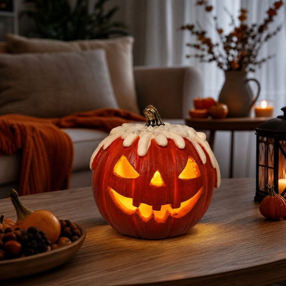 Halloween Decorations Indoor Outdoor, Lighted Resin Pumpkin Lamp Battery, Spooky Tabletop Ornament for Home Window, Mantel Shelf, Party Display, E E