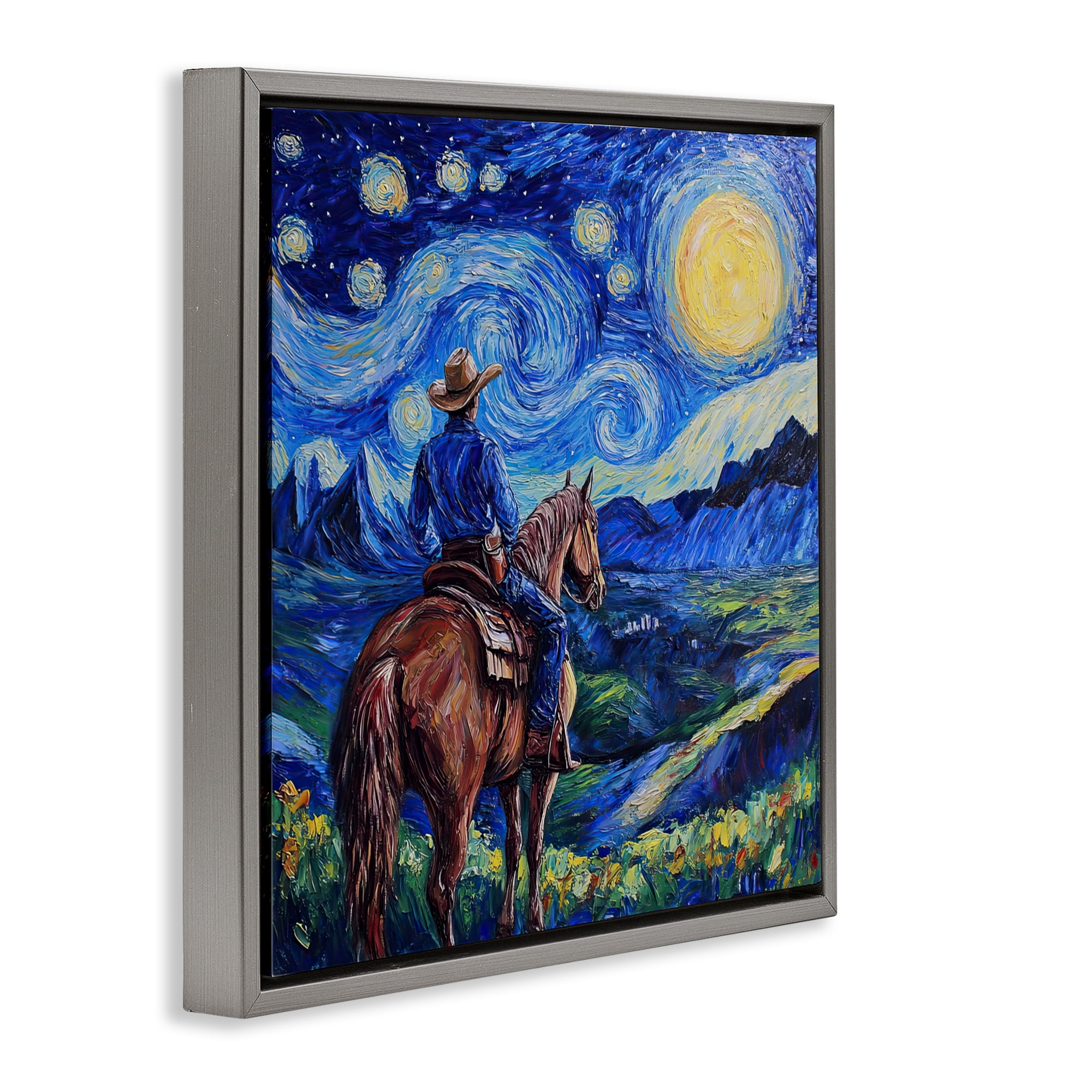 Stupell Industries Starry Night Cowboy Gray Framed Floater Canvas Wall Art, design by Tina LeCour