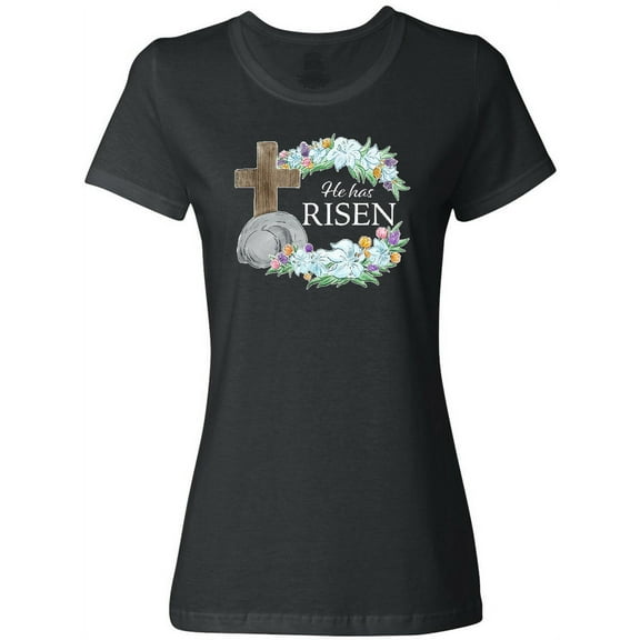 Inktastic Easter He Has Risen with Cross and Flowers Women's T-Shirt