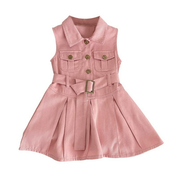 GYRATEDREAM Toddler Baby Girls Sleeveless Denim Dress Summer Sundress Lapel Button Down Pocket Jean Waistcoat Dress Kids Casual New Korean Version Playwear Clothes Pink for 2-10 Years