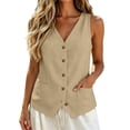 thumbnail image 3 of Vest Tops for Women Linen Button Down Gauze Shirts Sleeveless Casual Lightweight Summer Tops for Women Going Out Tank Vests Top Khaki XXL, 3 of 6