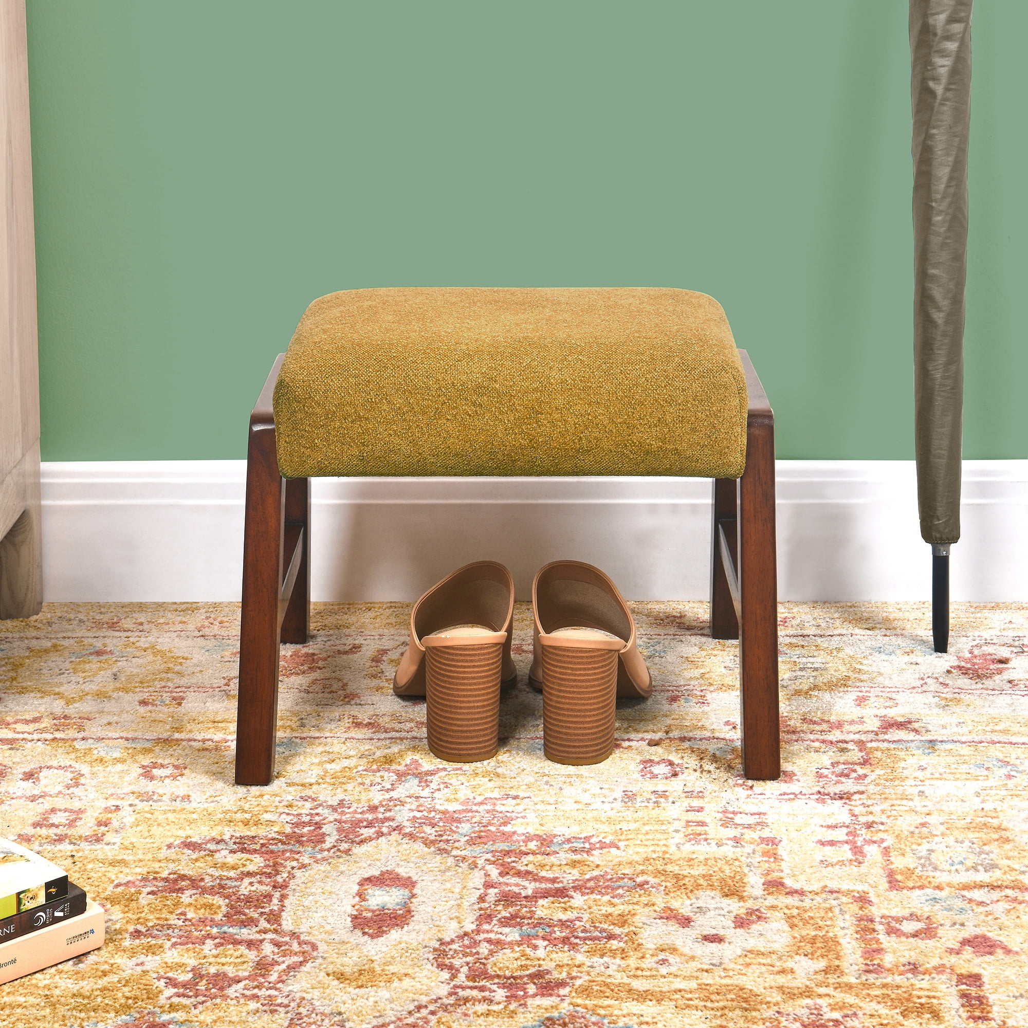 Small Footstool Ottoman, Fabric Wooden Foot Rest Ottoman with Wood Legs, Small Foot Stool Sofa Footrest Extra Seating for Living Room Entryway Office, Turmeric
