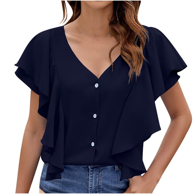 Timegard Hauts pour Femmes Col en V Manches Courtes Blouse Ample Couleur Unie Décontractée Basique