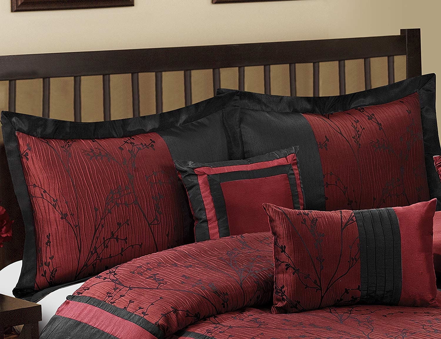 EvJk 7 Piece Traditional Comforter Set, Jacquard Patchwork, Burgundy, Queen