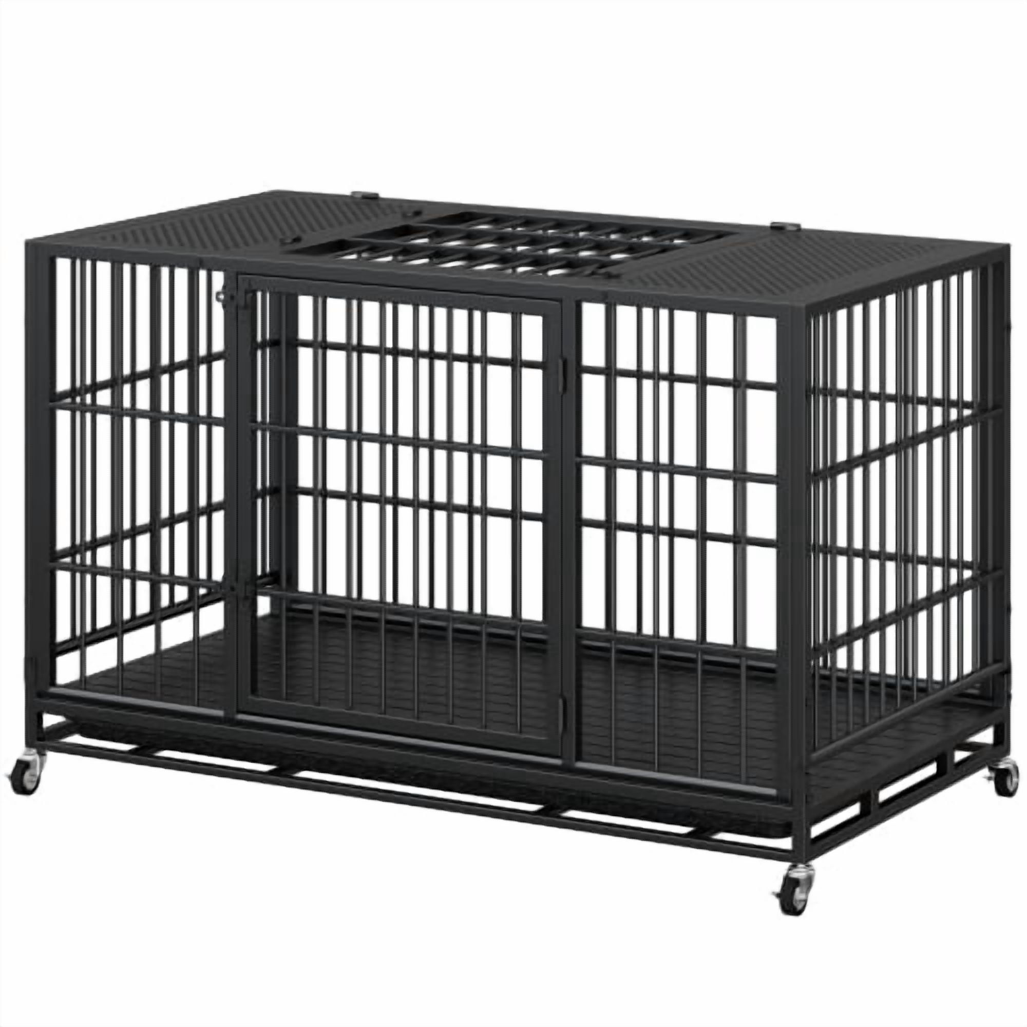 47.2" Heavy Duty Mobile Dog Crate with Lockable Wheels & Rotary Twist-Latch, Indoor/Outdoor Metal Pet Kennel with Perforated Top