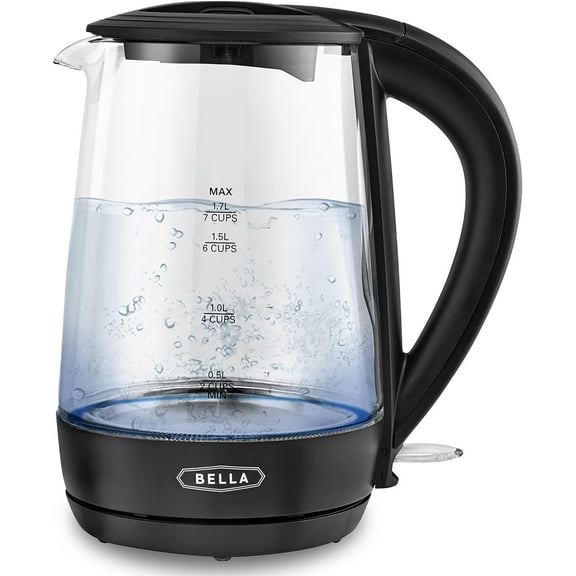 BELLA 1.7 Liter Glass Electric Kettle, Quickly Boil 7 Cups of Water in 6-7 Minutes, Soft Blue LED Lights Illuminate While Boiling, Cordless Portable Heater, Carefree Auto Shut-Off, Black