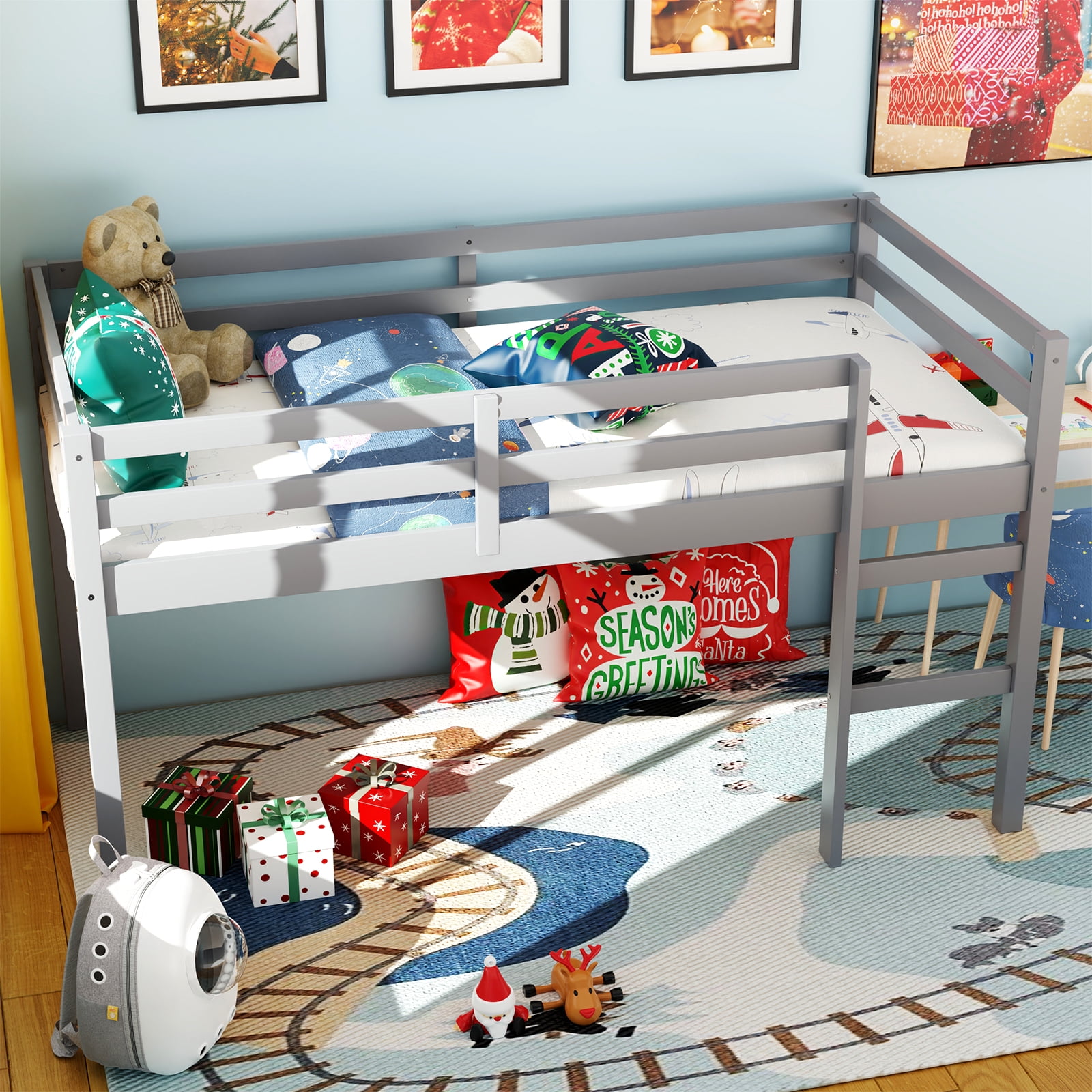 Miniyam Wood Twin Size Loft Bed for Kids, Space-Saving Design, Gray