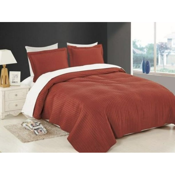 3PC KING Maria Rust Bedspread Bedding Coverlett Set with Solid Stripe