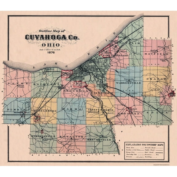 Historic County Map - Cuyahoga County Ohio Outline - 1876 - 26.25 x 23 - Vintage Wall Art