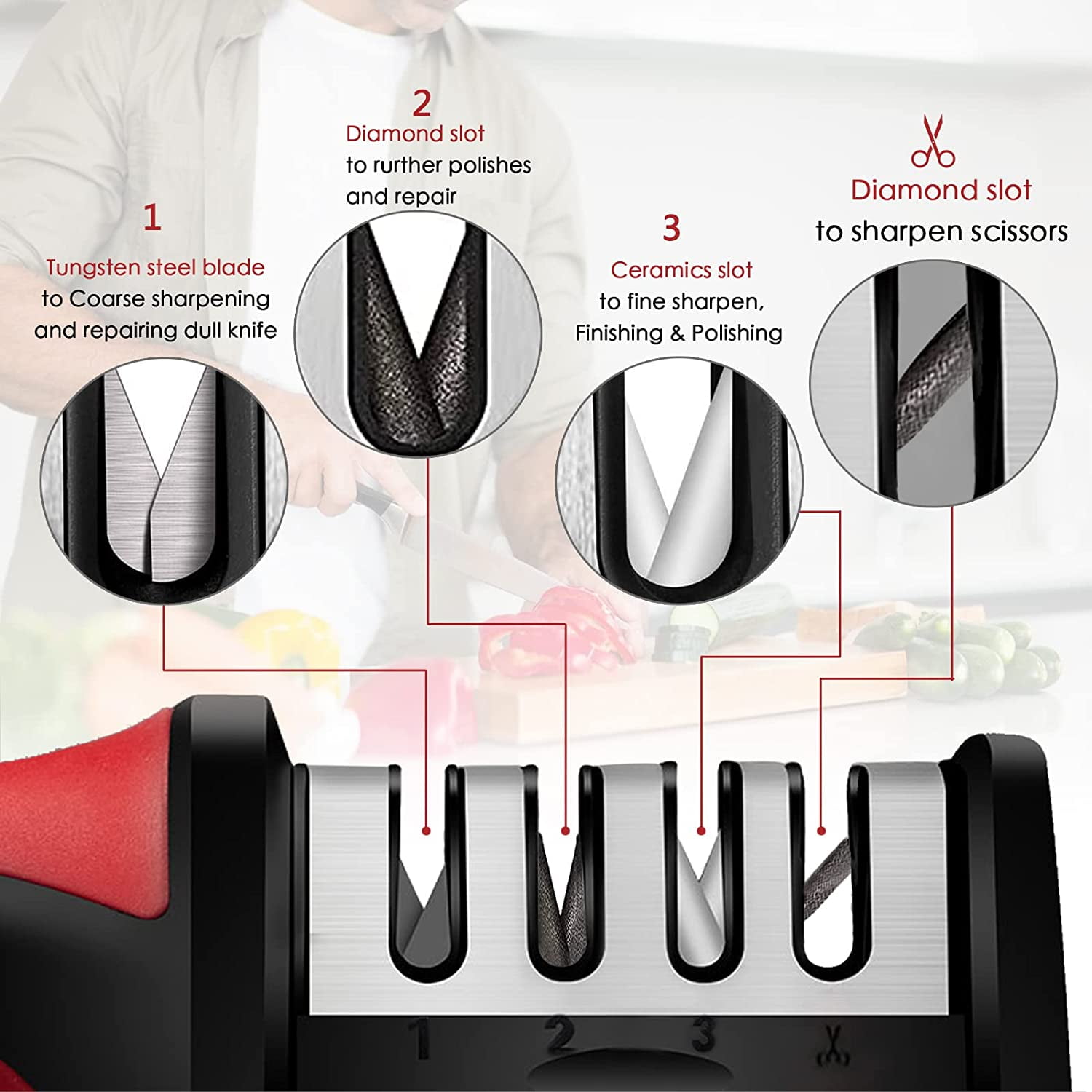 1pc, Knife Sharpener, 4 Stage Knife Sharpener, Ergonomic And Easy To Use  Knife Sharpening Kit With 4 Stage Sharpening Slots, Stainless Steel 4 In 1  Ki