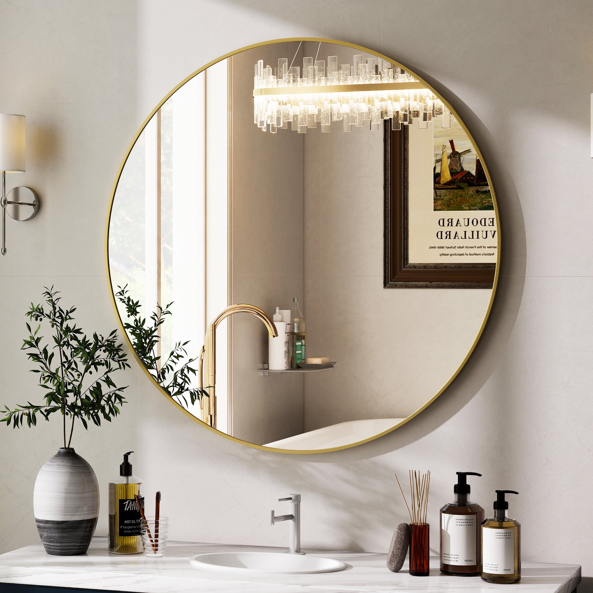 AUROMIR 24" Round Bathroom Mirror Wall Mounted Modern Vanity Mirror, Gold