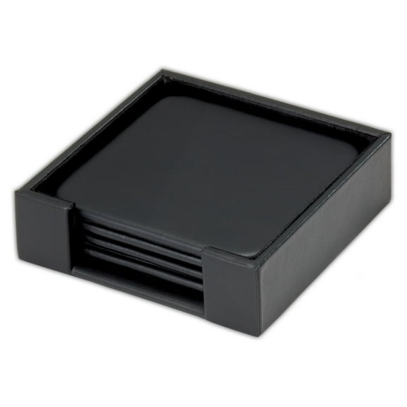 Dacasso 4 Square Coaster Set with Holder, Black Leatherette