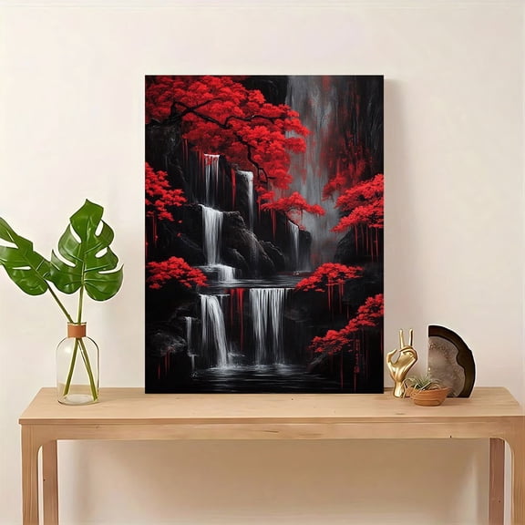 Deep Red Trees and Flowing Waterfalls - Frameless Canvas Art, Perfect Home Decoration or Gift, Perfect Room Canvas