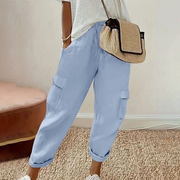 Odbmxy Long Pants for Women Elastic Waist Womens Trousers Plus Size Cargo Blue Cuffed Loose Workout with Pockets Pants,XXL