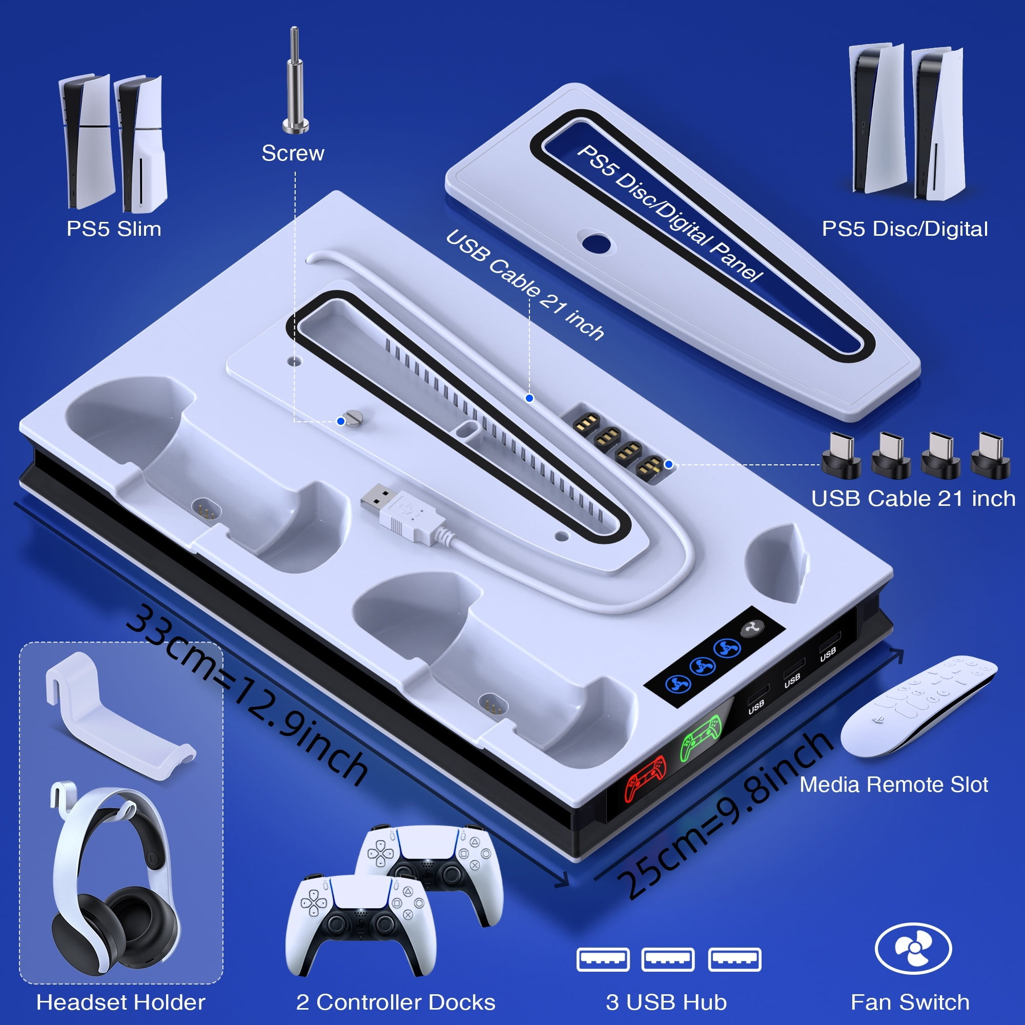 PS5 Slim Stand Cooling Station for Playsation 5 Pro/Slim Console Disc/Digital,PS5 Accessories Cooling Stand with 3-Level Cooling Fan,Dual PS5 Controller Charger,Headset Holder
