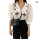 thumbnail image 1 of Camisa de mujer Verano Bordado Solapa Manga abullonada Blusa Retro Top, Blanco, XL tholdsy AP001497-03B, 1 of 7