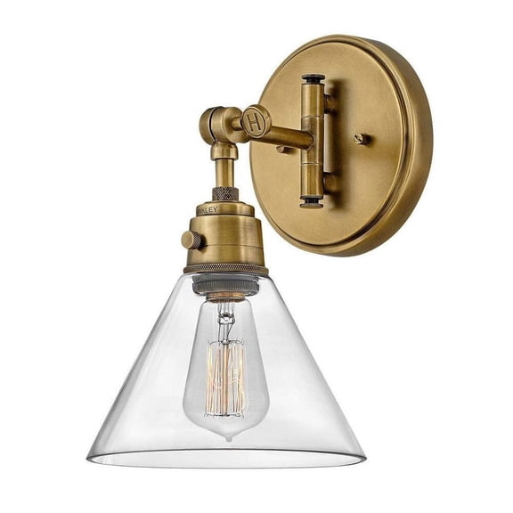 Steel 1 Light Down Wall Sconce in Modern Farmhouse Style with Metal Shade-12.25 inches H X 7.75 inches W-Heritage Brass Finish-Clear Shade Color