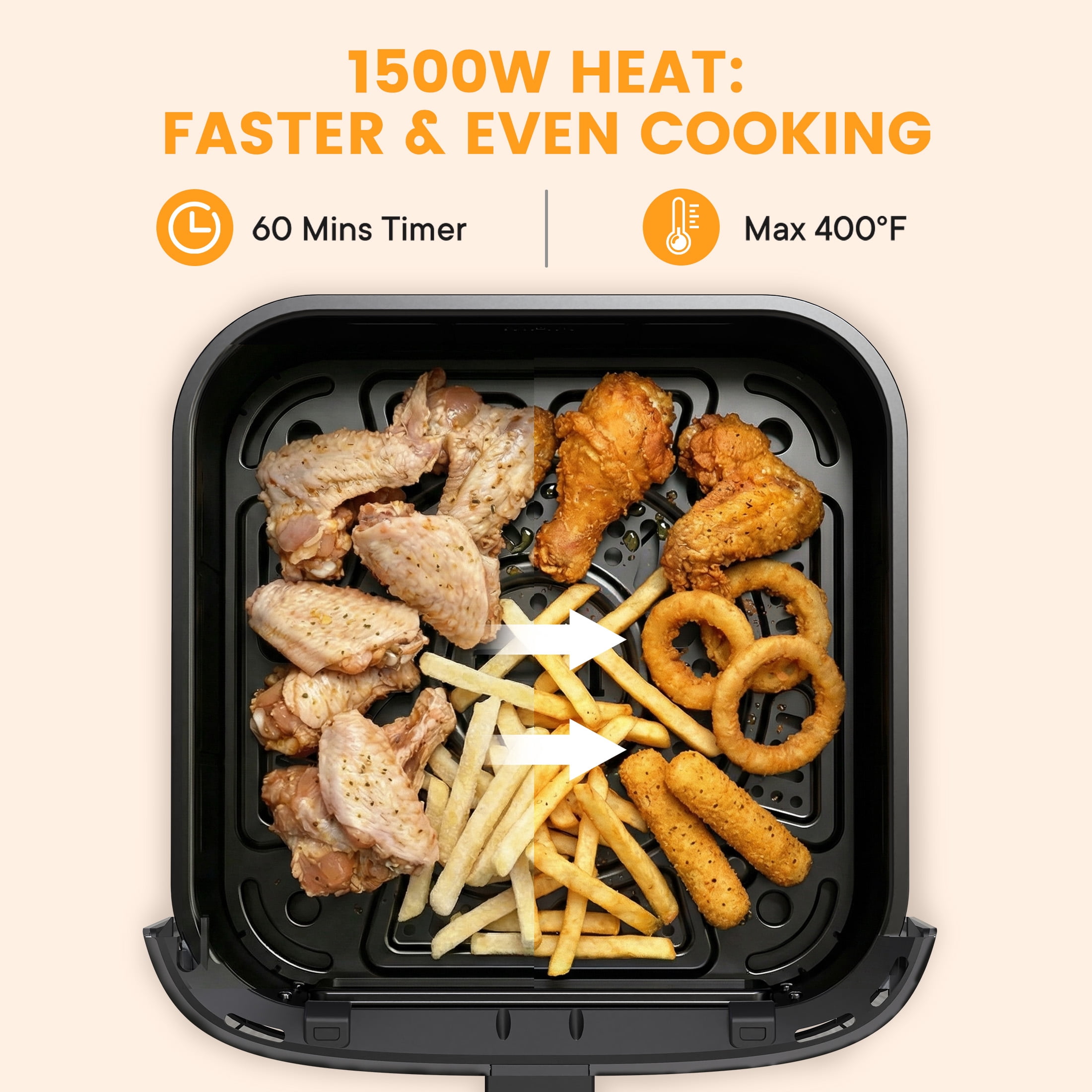 EDX 4QT Air Fryer, 1500W Digital Touchscreen with 8 Presets, Visible Window, Flip Reminder, Nonstick Dishwasher-Safe Basket, Gray