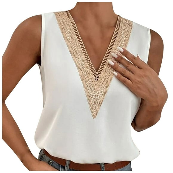 TSADFHJI White Tank Tops Women Plus Women Sleeveless V Neck Workout Tank Tops Lace Patchwork Running Casual Athletic T Shirts Blouse Vest Xxl White