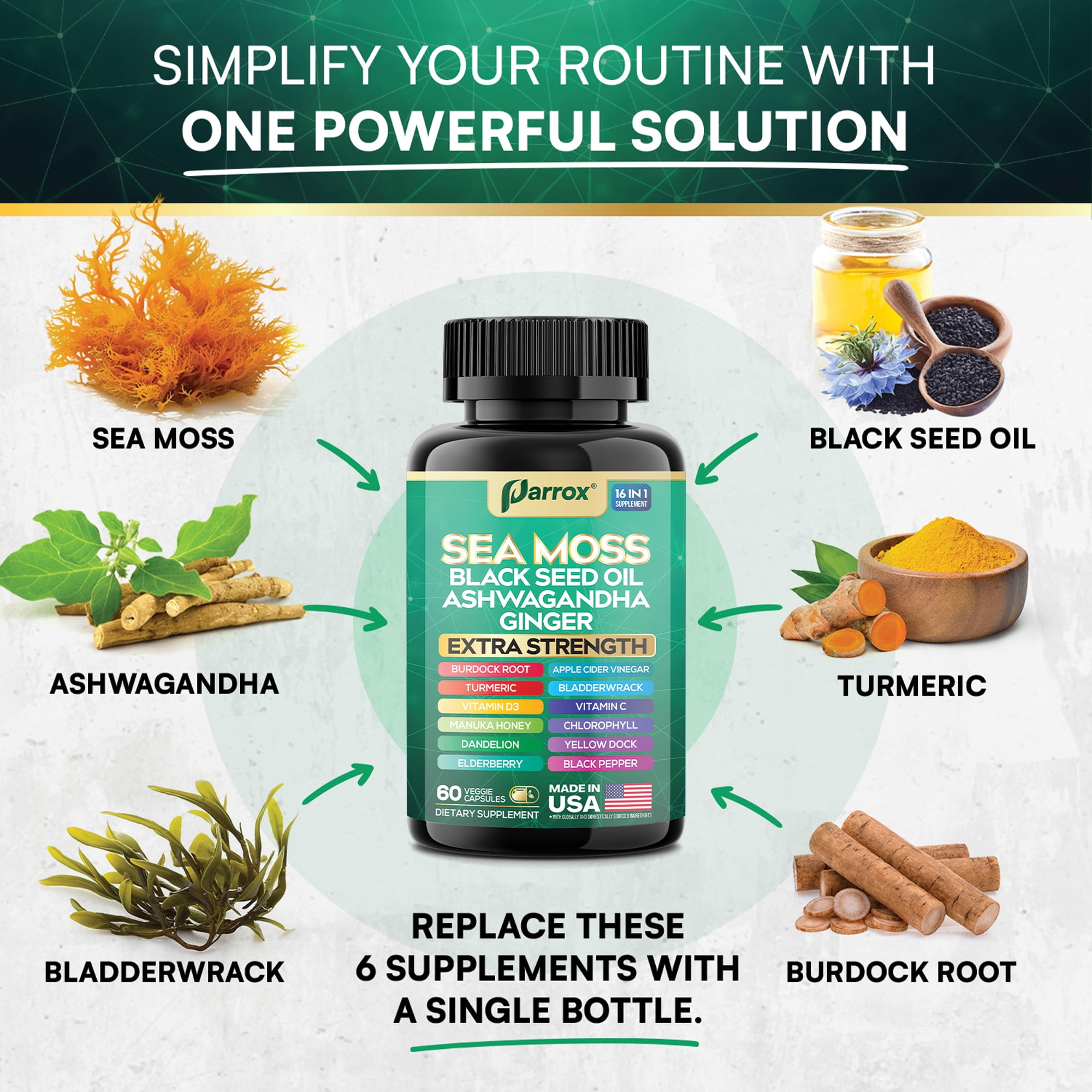 Sea Moss, Black Seed Oil, Ashwagandha, Turmeric, Chlorophyll, Dandelion, Ginger, Vitamin D3, Black Pepper, Elderberry, ACV, Yellow Dock, Burdock Root, Manuka, Vitamin C, Bladderwrack (60 Caps)