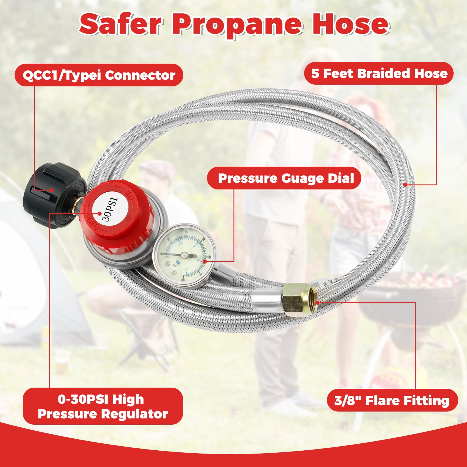 5FT Stainless Steel Brass Propane Regulator And Hose 30 PSI Adjustable Heat Resistant Gas Grill Regulator Hose for Turkey Fryer Fire Pit Camping Stove