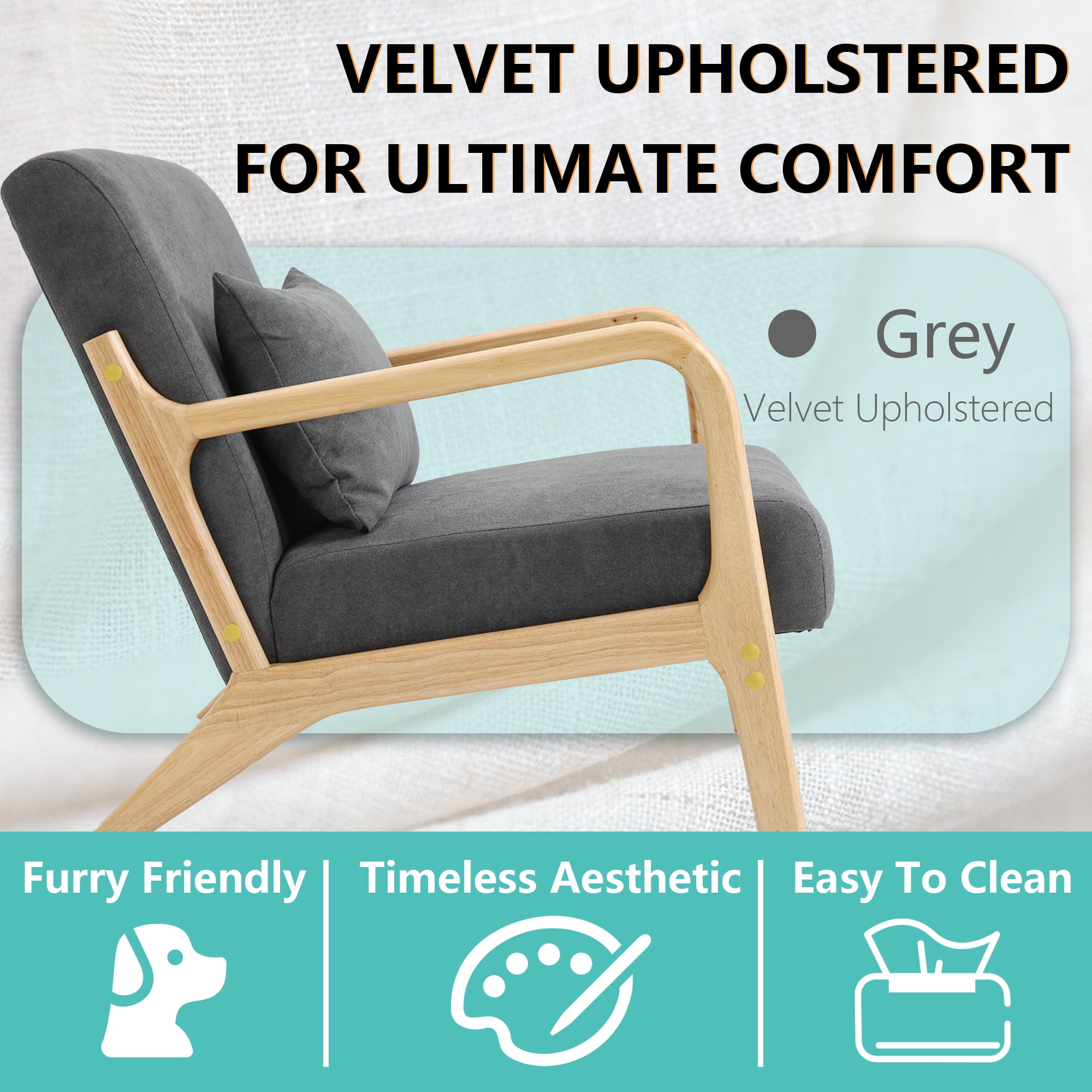 Miniyam Mid Century Modern Accent Chair with Wood Frame, Upholstered Living Room Chairs with Waist Cushion, Reading Armchair,Gray