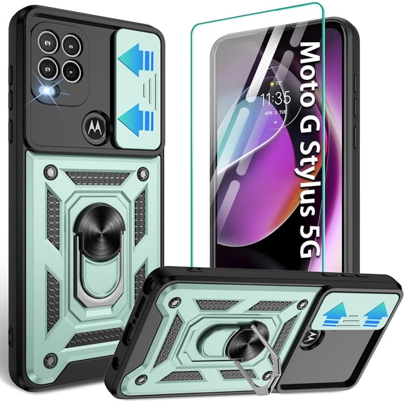 for Moto G Stylus 5G (2021) Phone Case with Screen Protector,Shockproof Phone Cover with Magnetic Kickstand Ring Case for Motorola G Stylus 5G 2021, Dark Green