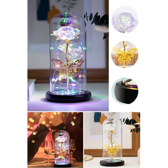 Artificial Rose Flower in Glass Gnome with LED Lights Butterfly, Galaxy Rose Gifts for Women Mom Wife Girlfriend on Mother’s Day Wedding, Christmas, Valentine's Day, Multi color