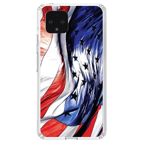DistinctInk Clear Shockproof Hybrid Case for Google Pixel 4 XL (6.3" Screen) - TPU Bumper, Acrylic Back, Tempered Glass Screen Protector - Red White Blue United States Flag Waving - of America