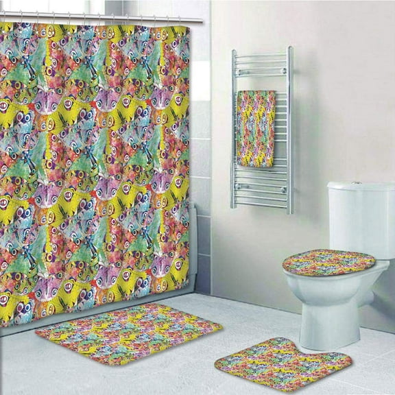 PRTAU Butterfly Colorful Butterflies an Assortment of Different Abstract Animal 5 Piece Bathroom Set Shower Curtain Bath Towel Bath Rug Contour Mat and Toilet Lid Cover