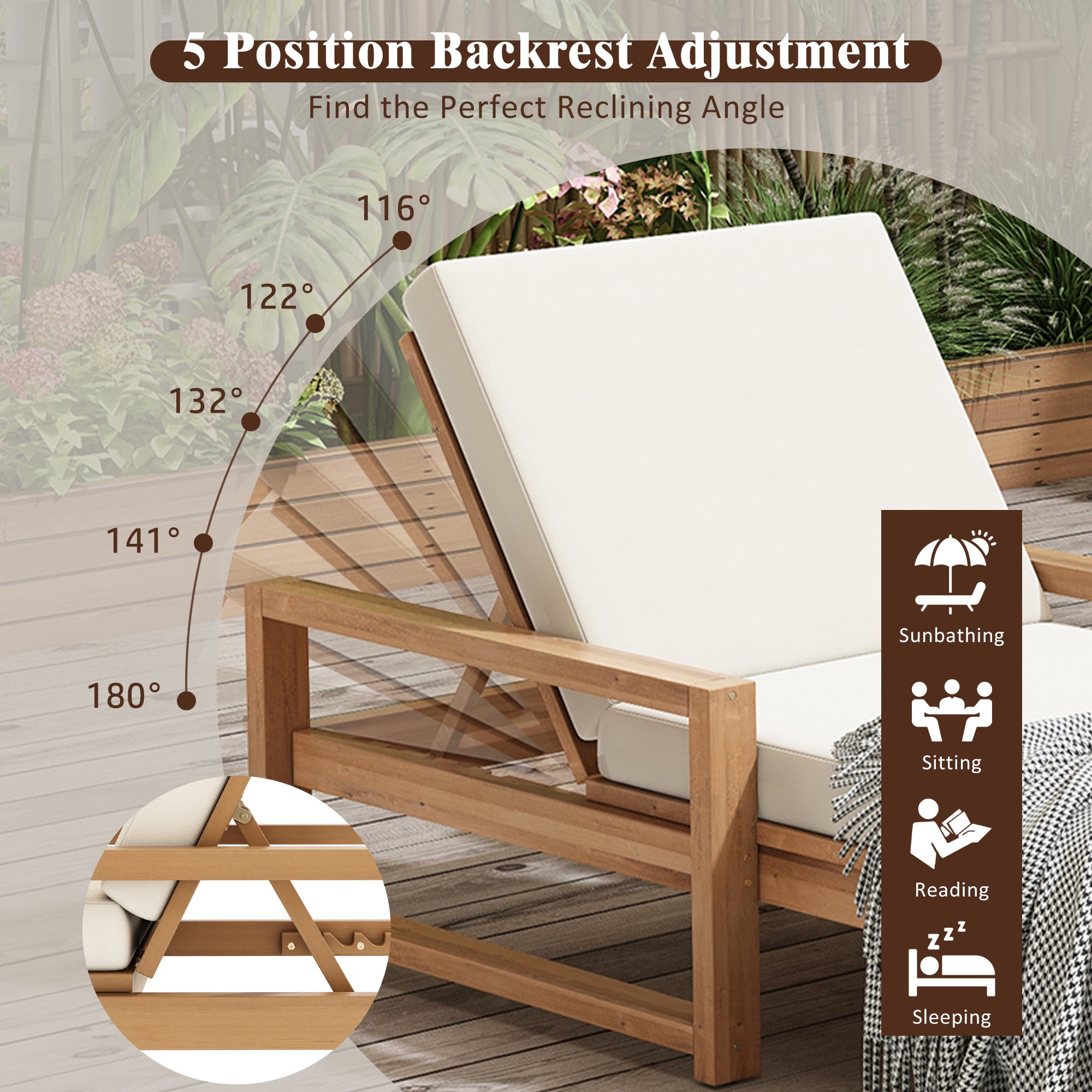 Cushioned 5 Position Lounge Chair, Outdoor Patio Recliner with Soft Pad for Backyard Deck, Light Teak