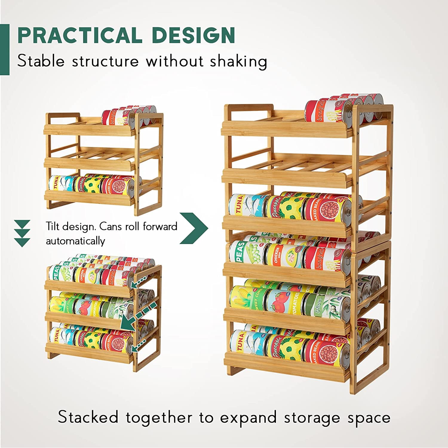 Yumkfoi Rolling Bamboo Can Organizer Rack, Stackable Double-Layer Can  Organizers and Storage For Pantry, Canned Goods Holder Dispenser For  Countertop