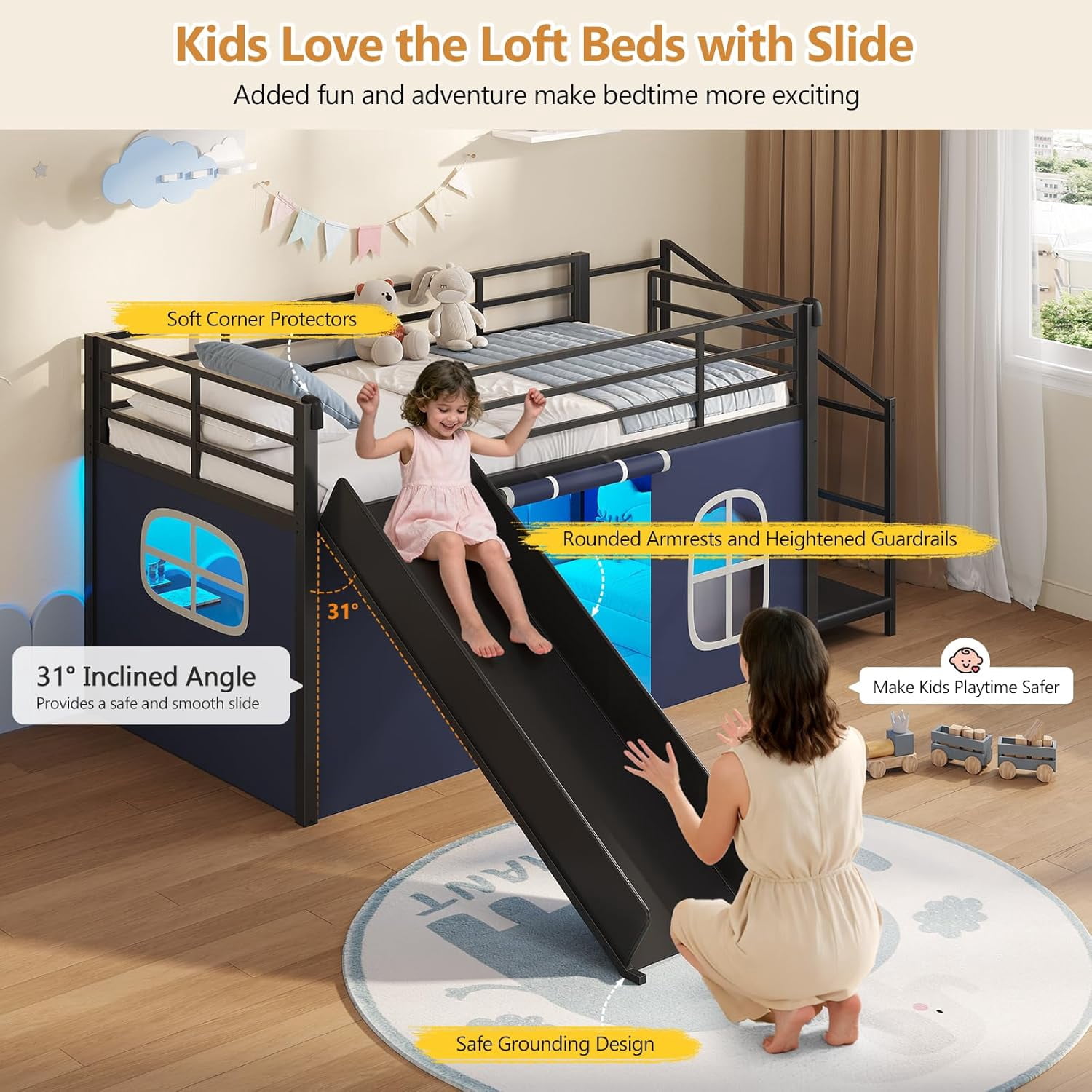 Low Loft Bed Twin with Slide, Storage Drawers and Led Lights, Metal Twin Size Loft Beds with Art Table, Storage Stairway and Under-Bed Play Space, Twin Beds with Safety Guardrail, Black