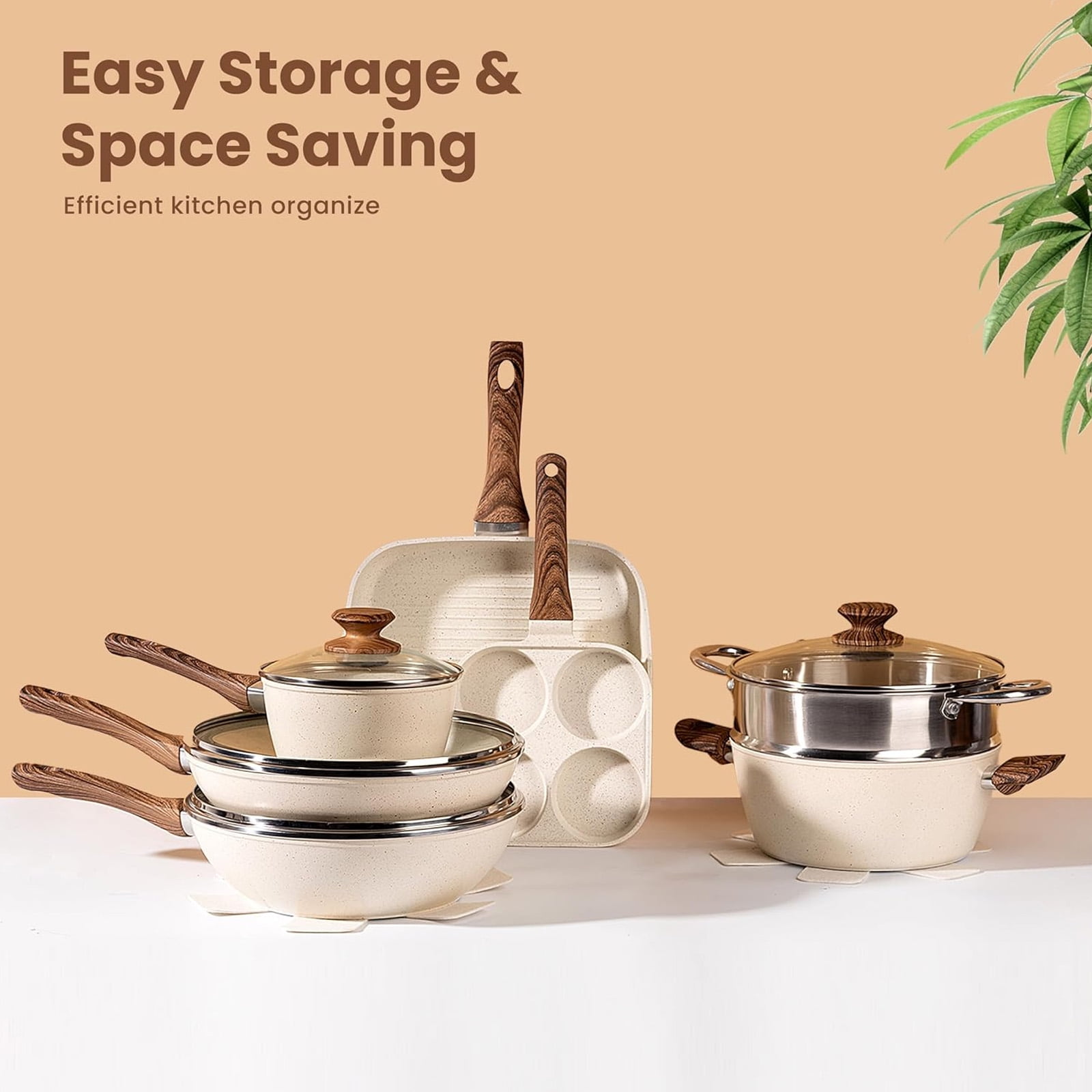 Casabay 17-Piece Non-Stick Cookware Set, Healthy Pots and Pans with Lids & Removable Handle, Space-Saving for Kitchen Storage, Beige
