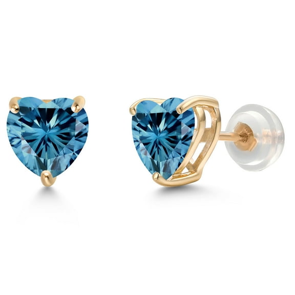 Gem Stone King 14K Yellow Gold Persian Blue Moissanite Earrings for Women Men | 2.14 Cttw | Gemstone Birthstone | Heart Shape 6.5MM