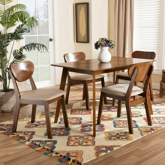 Baxton Studio Damara Mid-Century Modern Sand Fabric Upholstered and Walnut Brown Finished Wood 5-Piece Dining Set