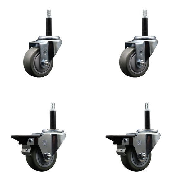 3 Inch Gray Poly Wheel Swivel 3/4 Inch Expanding Stem Caster Set 2 Brakes SCC